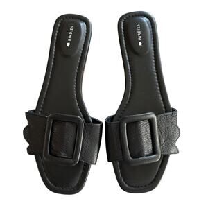 BIRDIES The Kiwi Women Size 10.5 Black Leather Buckle Flat Slip-On Slide Sandals